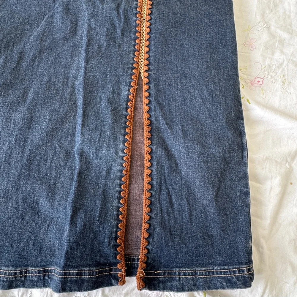 Y2K Denim Midi Skirt with Brown Crochet Trim Detail - Picture 2 of 7